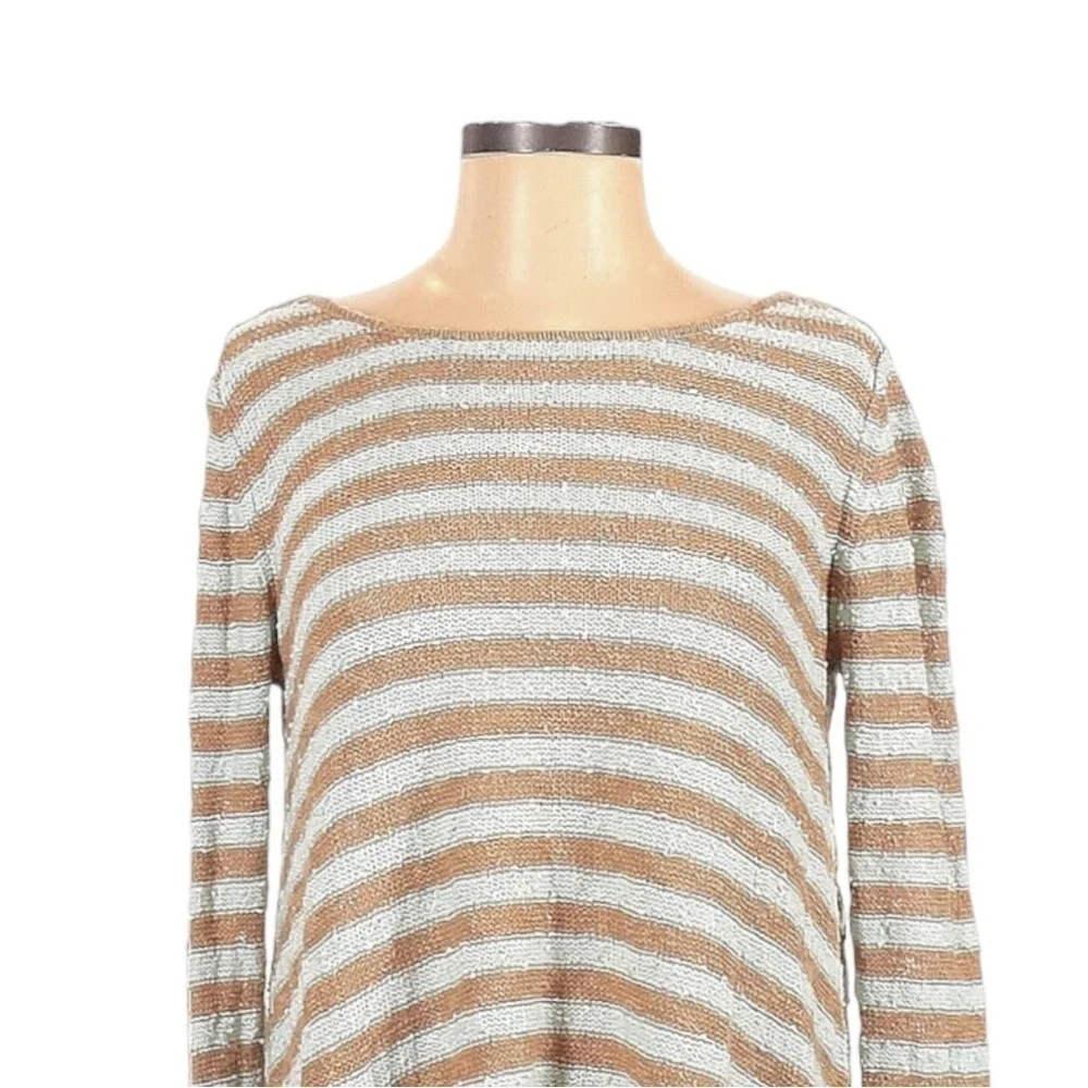 Free People Boucle Knit Flowy Boho Stripe Tan Mint Tunic Sweater Size XS L/S